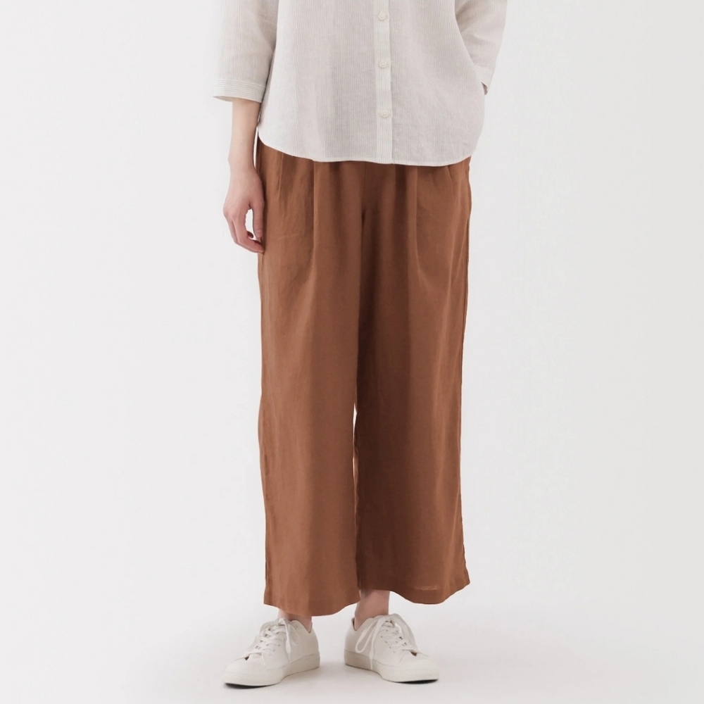 MUJI Womens 100% Linen Washed Easy Wide Pants Dark Orange